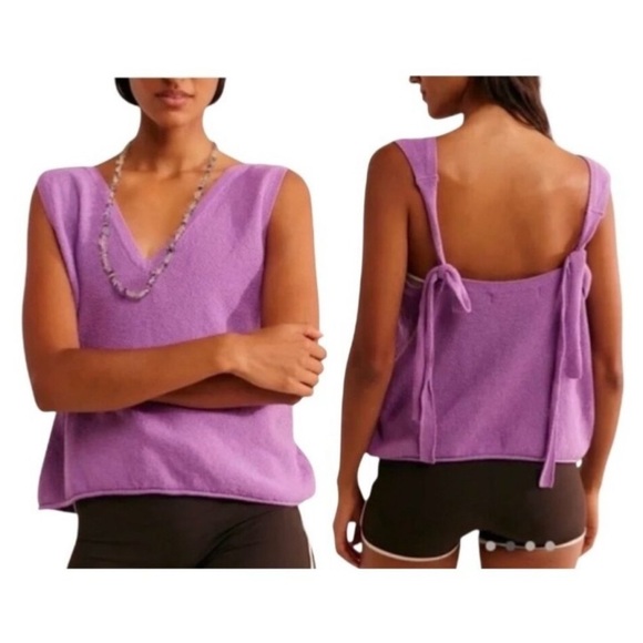 Free People Beach Lavender Cotton Knit Tie-Strap Tank Top V-Neck Small - Picture 1 of 5